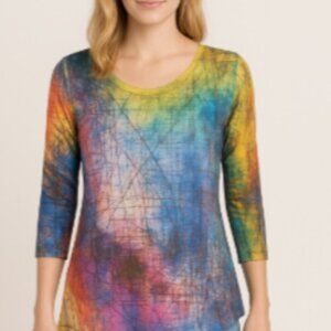 Jess & Jane Tunic Size Small Blue Yellow Asymmetric Hem Abstract Sequin Boho